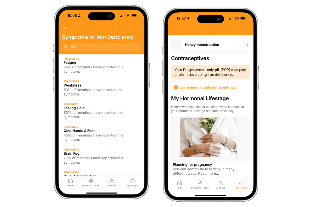 Ferrivia app screens showing personalized iron health insights