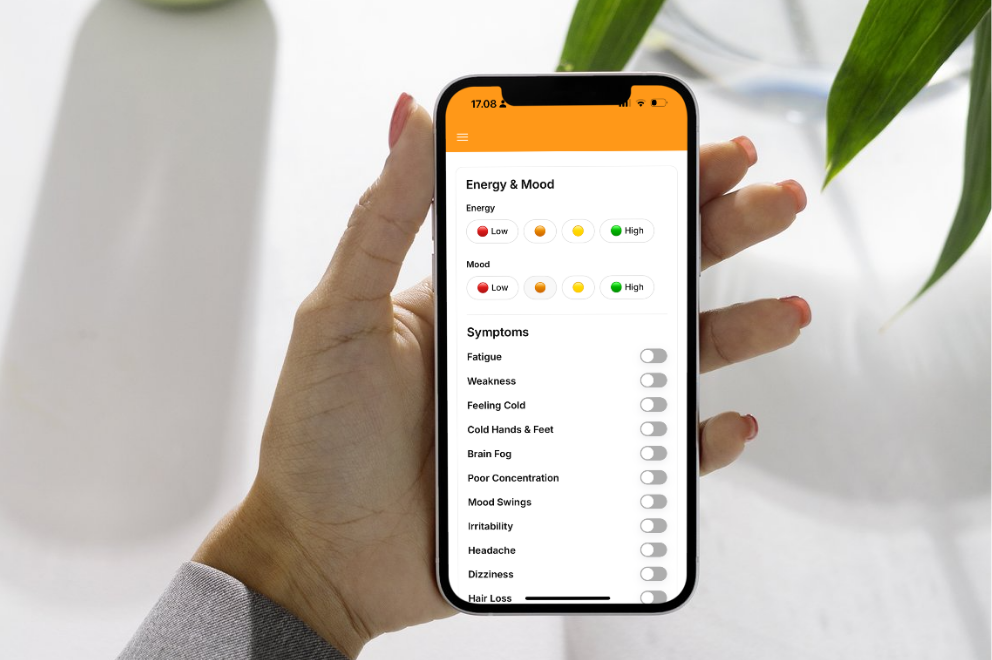 Ferrivia app screen for tracking supplements and symptoms